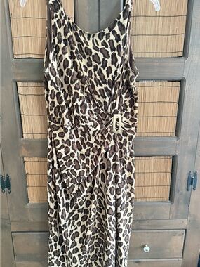 Leopard Print Sleeveless Midi Dress w/ Draped Front & Side Buckle